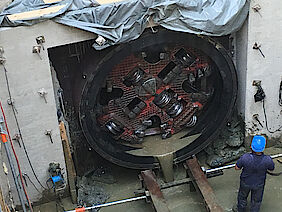 Pipe jacking machine entering the target shaft