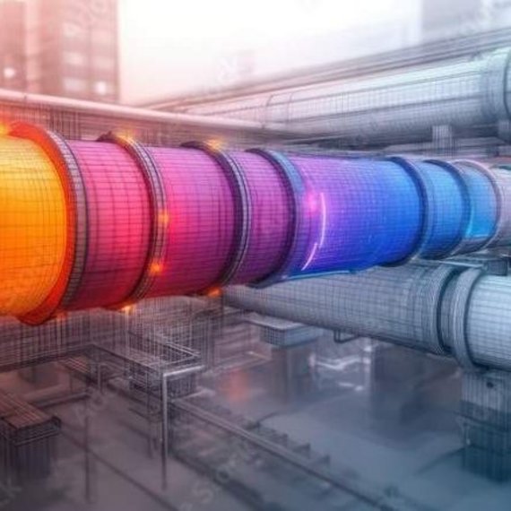 Bunte Industriebehälter in einer Verarbeitungsanlage Reihe von zylindrischen Tanks, die bunte Lichter in einem Regenbogenmuster ausstrahlen