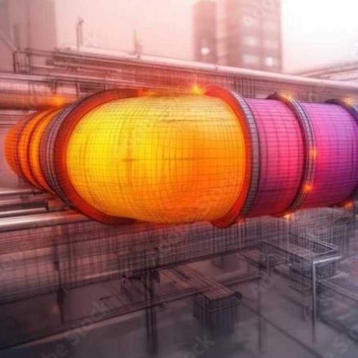Reihe von zylindrischen Tanks, die bunte Lichter in einem Regenbogenmuster ausstrahlen