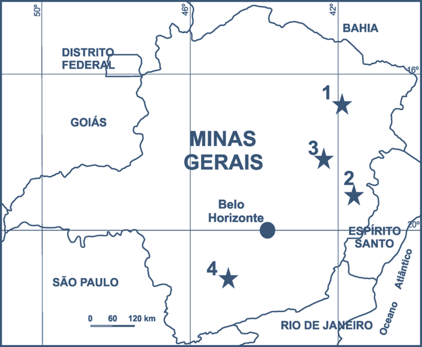 Mapa de Minas Gerais mostrando a distribuição das áreas com jazidas e ocorrências de minerais de lítio em Minas Gerais Map of Minas Gerais showing the distribution of areas with lithium mineral deposits and occurrences. Source: http://recursomineralmg.codemge.com.br/substancias-minerais/litio/#reservas
