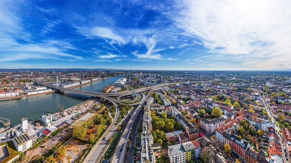 Stadtpanorama Panoramaaufnahme einer Stadt mit einem Fluss, mehreren Brücken und einem großen Straßennetz.