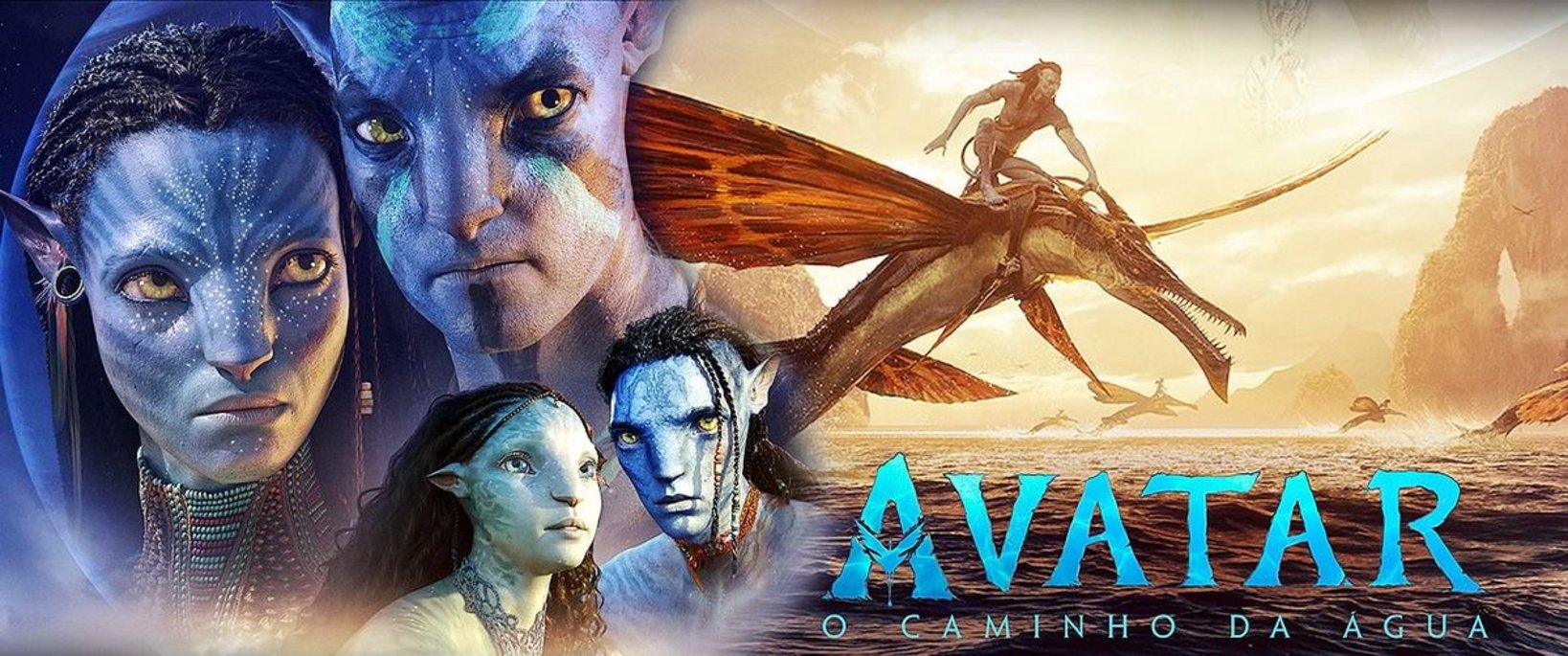 Avatar: O Caminho da Água À esquerda, você pode ver os rostos de Jake Sully, Neytiri, Lo'ak e Ronal. À esquerda, Jake Sully monta em uma criatura marinha