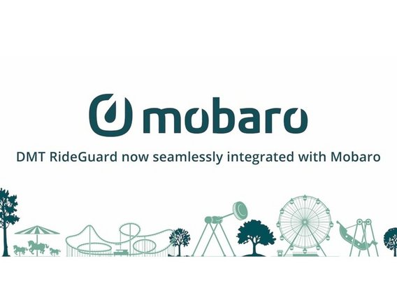 DMT-RideGuard-Mobaro Grafik: Eine Reihe von Fahrgeschäften auf einem Jahrmarkt mit dem mobaro-Logo und dem Slogan „DMT RideGuard jetzt nahtlos in mobaro integriert“