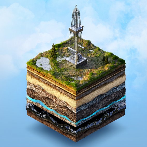 Geologische Modellierung & Ressourcenabschätzung Symbolbild zum Thema Geologische Modellierung & Ressourcenabschätzung: Digitale Modellierung eines Untergrundes mit verschiedenen Erdschichten unterhalb eines simulierten Bergwerkturms.