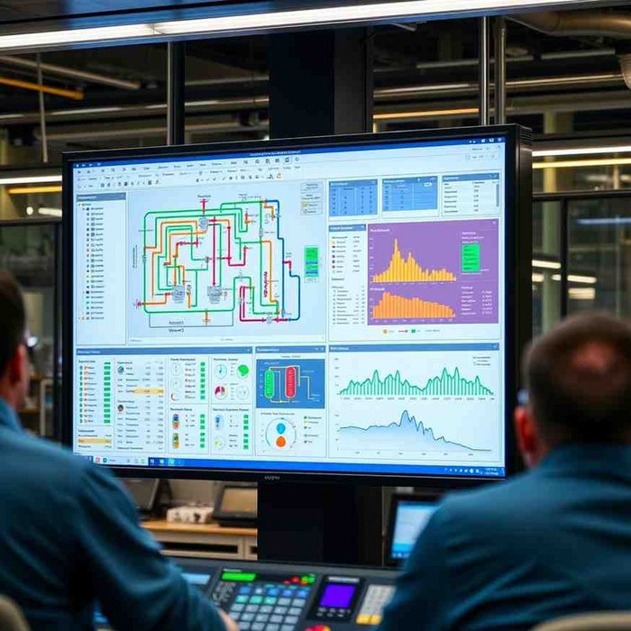Kontrollraum mit mehreren Bildschirmen, die Echtzeitdaten und Überwachungsdashboards anzeigen