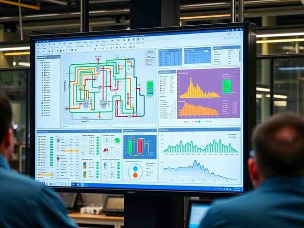 Kontrollraum mit mehreren Bildschirmen, die Echtzeitdaten und Überwachungsdashboards anzeigen
