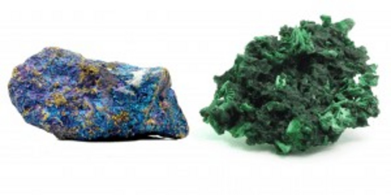 Bornite and malachite, respectively—other examples of copper ore minerals. Source: Image Bank.