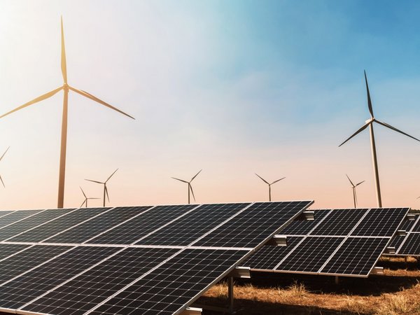 clean energy concept. solar panel with wind turbine and blue sky
