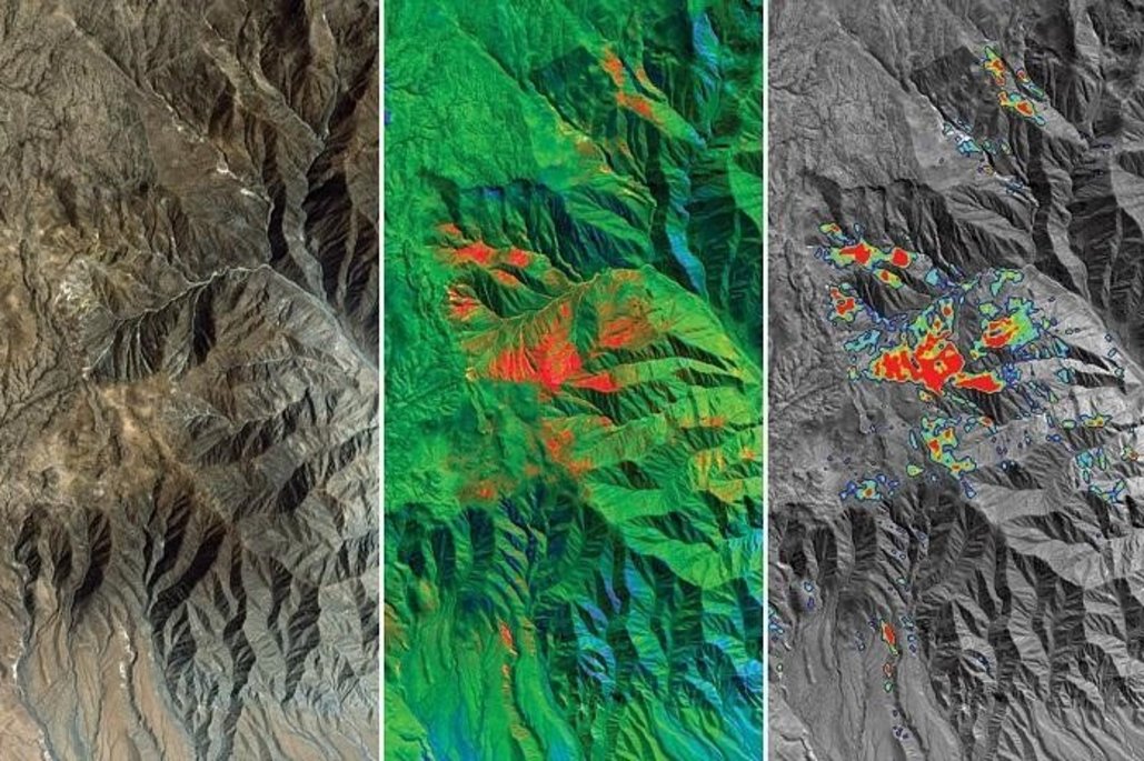 Sensoriamento remoto e identificação de feições geológicas, como drenagens, falhas e fraturas Remote sensing and identification of geological features, such as drainage patterns, faults, and fractures. Source: https://www.srk.com/pt/servicos/sensoriamento-remoto-e-geofisica