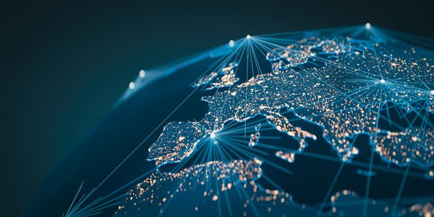 KI-generierte Ansicht der Welt aus dem Weltraum mit simulierten Vernetzungsstrukturen.