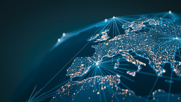 KI-generierte Ansicht der Welt aus dem Weltraum mit simulierten Vernetzungsstrukturen.