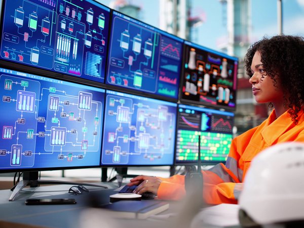 Symbolbild Sensoren, Transmitter, Messsysteme: Junge Ingenieurin sitzt vor einer Vielzahl an Monitoren, auf denen Überwachungsdaten eingespielt sind.