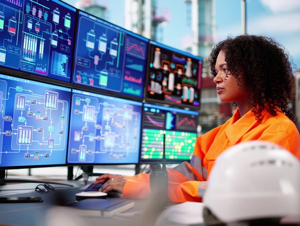 Symbolbild Sensoren, Transmitter, Messsysteme: Junge Ingenieurin sitzt vor einer Vielzahl an Monitoren, auf denen Überwachungsdaten eingespielt sind.