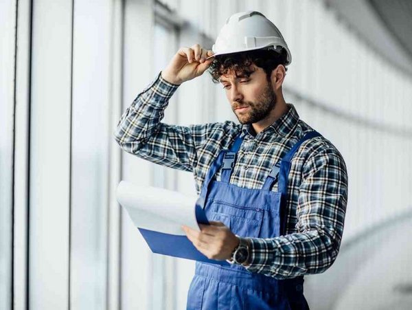 Person in einem blauen Jeanshemd und weißem Schutzhelm, wie sie ihren Helm in einer industriellen Umgebung anpasst