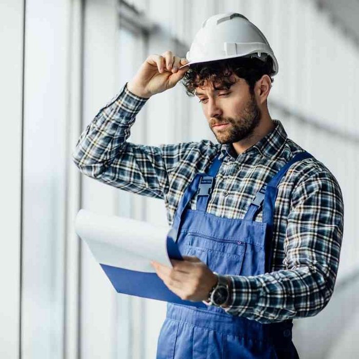 Person in einem blauen Jeanshemd und weißem Schutzhelm, wie sie ihren Helm in einer industriellen Umgebung anpasst