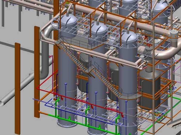 3D-Darstellung einer industriellen Prozesseinheit mit verbundenen Behältern und Rohrleitungen