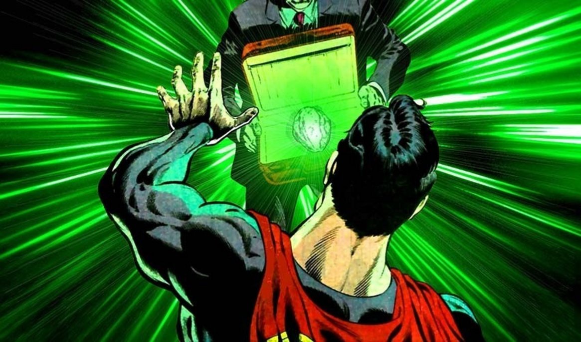Super-herói Superman moves away from a man who is holding a briefcase containing kryptonite.