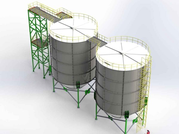 3D-Darstellung von Industrie-Speichertanks auf einem grünen Metallgerüst