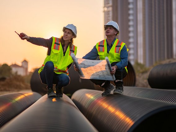 Rohre_Arbeiter Zwei Personen mit Schutzhelmen und leuchtend gelben Warnwesten knien auf großen schwarzen Rohren auf einer Baustelle.