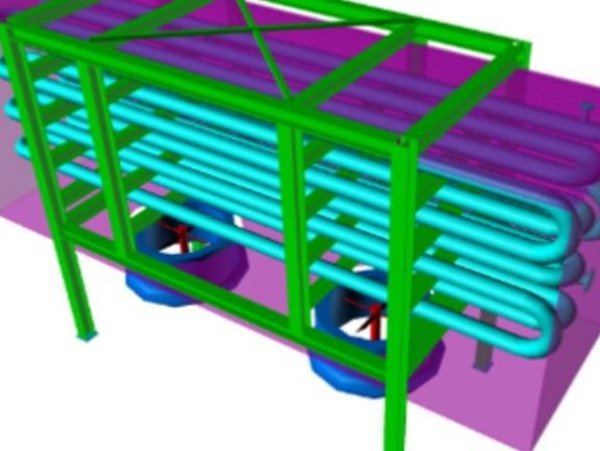 3D-Modell eines strukturierten Systems mit grünen Rahmen und violetten Komponenten