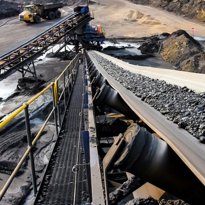 Baustoffverfahrenstechnik - Förderband im Kohlebergbau Eine Großmaschine für den Kohlebergbau, die über ein Förderband Kohle transportiert.