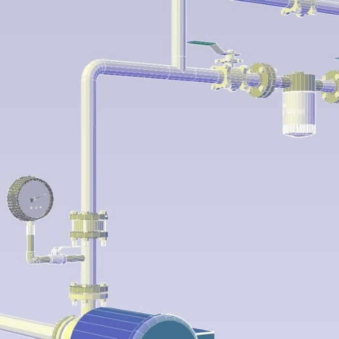 3D-Darstellung eines Rohrsystems mit verschiedenen Verbindungen und Ventilen