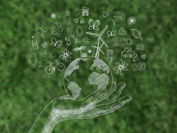 Sustentabilidade Ícones desenhados sobre o tema da sustentabilidade em um fundo verde