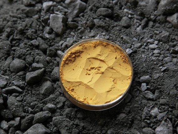 Urânio Pó amarelo em uma placa de Petri