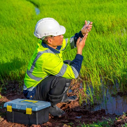 Hydrogeochemie Ingenieur aus dem Fachgebiet Hydrogeochemie nimmt eine Wasserprobe in einem Glaskolben auf einer bewachsenen Sumpflandschaft
