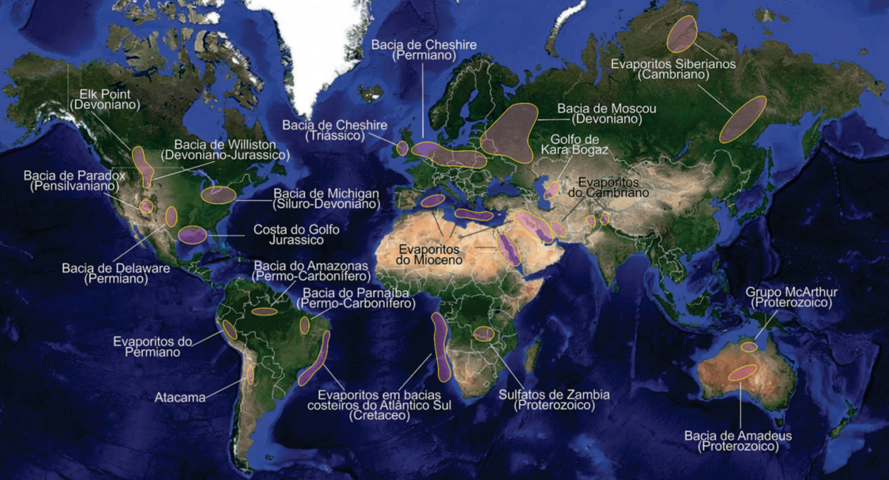 Distribuição global dos maiores e principais depósitos evaporíticos Mapa mundial com os maiores e mais importantes depósitos de evaporito