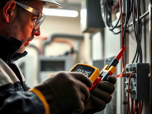 Person mit Schutzbrille und Handschuhen bei der Arbeit an einem elektrischen Schaltschrank mit einem Werkzeug