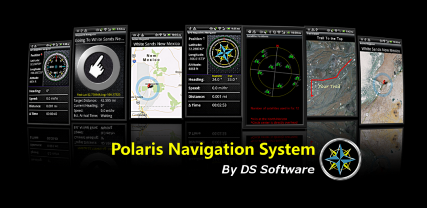 Sete visualizações diferentes do aplicativo GPS Polaris abertas em telefones celulares