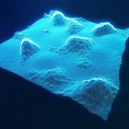 Geoinformation Symbolbild Geoinformation: 3D-Illustration einer abstrakten digitalen Drahtrahmen-Landschaft.