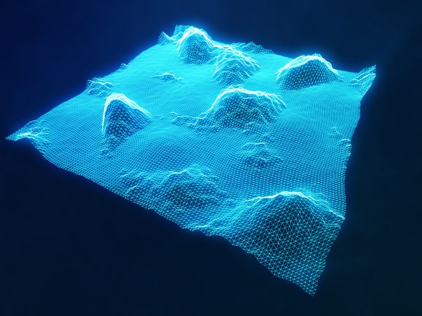 Symbolbild Geoinformation: 3D-Illustration einer abstrakten digitalen Drahtrahmen-Landschaft.