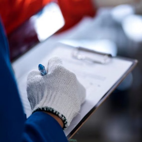 Person mit Handschuhen, die auf einem Klemmbrett schreibt