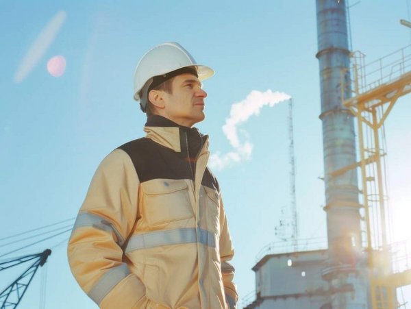 Person in einer gelben Warnweste und einem weißen Schutzhelm in einer industriellen Umgebung