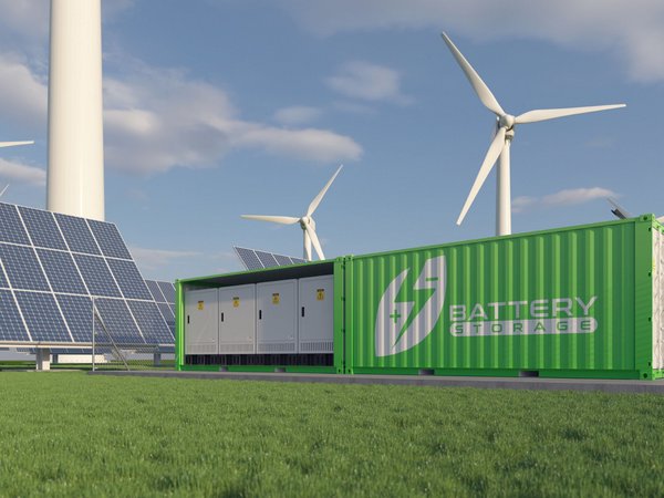 grünen Batteriespeicher in einem Container, der auf einer Wiese steht. Im Hintergrund sind mehrere große Solarmodule und Windkraftanlagen zu sehen. 