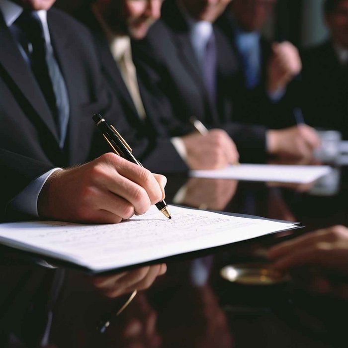 Person nimmt mit einem Stift Notizen auf einem Block während eines formalen Meetings auf