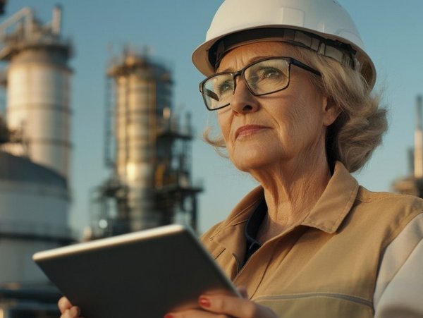  determined female engineer in a protective helmet and glasses