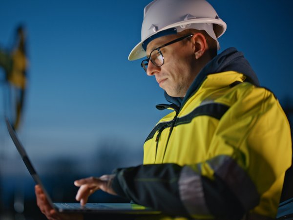 Ingenieur mit Laptop bei der Arbeit in der Abenddämmerung