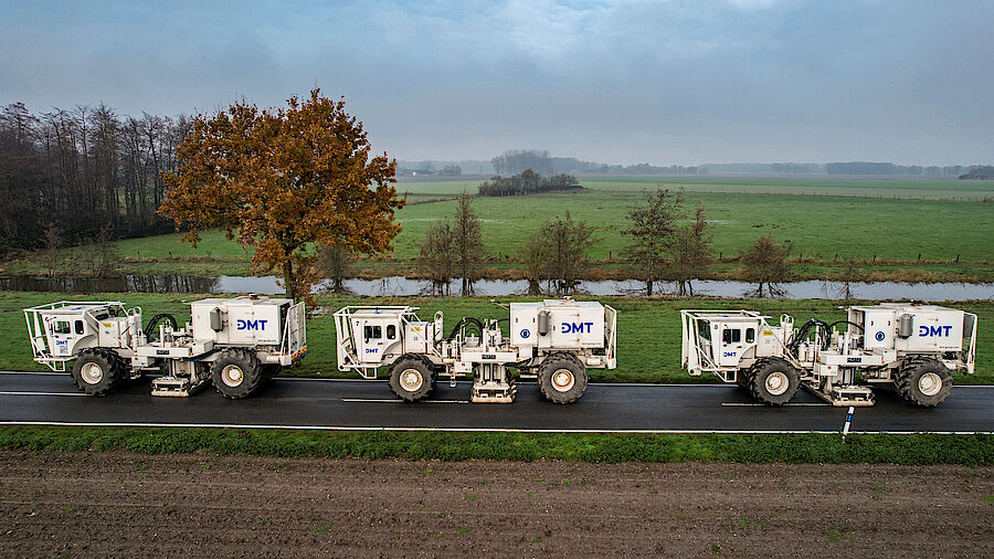 Three Vibro Trucks on exploration seismics from above Three Vibro Trucks on exploration seismics from above